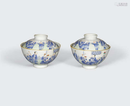 A pair of famille-rose enameled covered bowls  Qianlong mark, late Qing dynasty