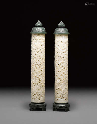 A PAIR OF WHITE AND SPINACH JADE PERFUMIERS  20th century