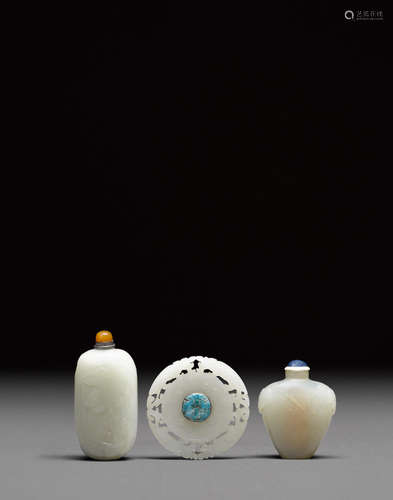 Two carved jade snuff bottles and a white jade circular plaque