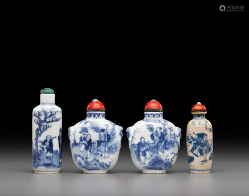 Four blue and white porcelain snuff bottles  19th century