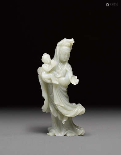 A pale green jade carving of Guanyin and Child  Republic period