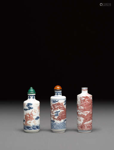 Three porcelain 'dragon' snuff bottles  19th century