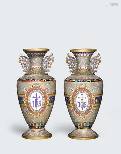 A pair of Catholic subject matter cloisonné vases  Late Qing/Republic period