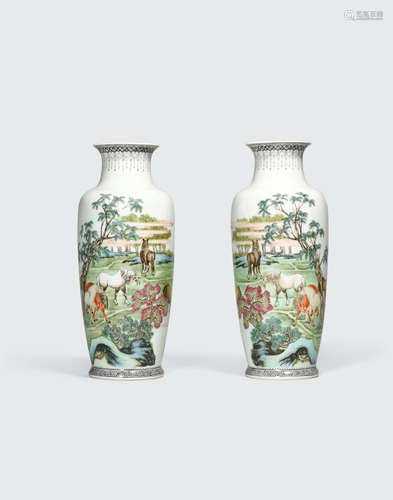 A pair of polychrome enameled baluster vases  Qianlong marks, Republic period