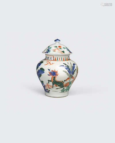 A wucai porcelain lidded jar   Jiajing mark, late Qing/Republic