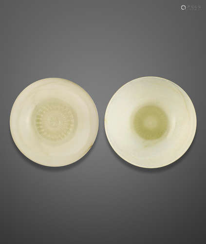 A pair of white Mughal style jade bowls   20th century