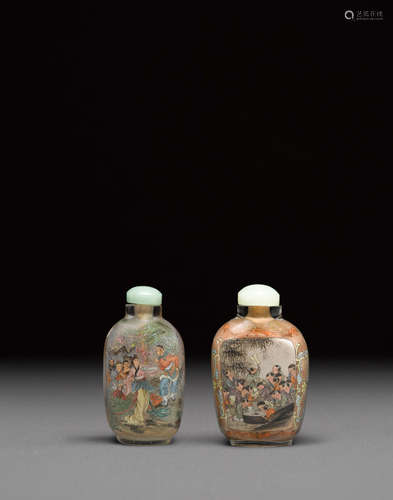 Two contemporary inside-painted glass snuff bottles