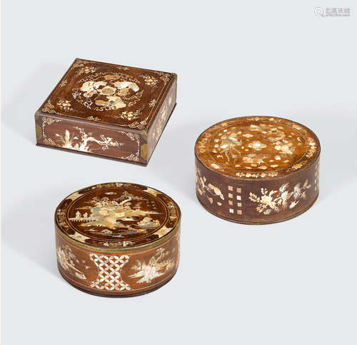 a group of three mother-of-pearl-inlaid hongmu boxes