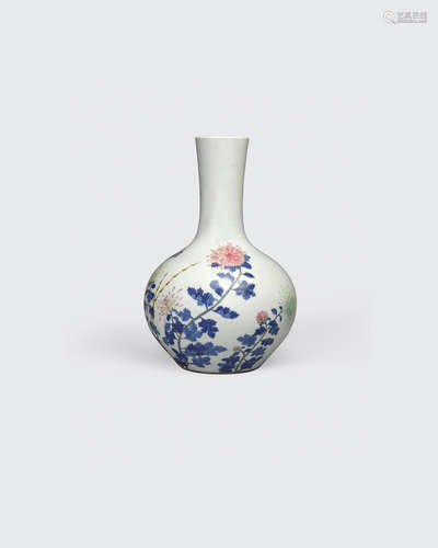 A polychrome enamel and underglaze blue and white vase, Tianqiuping    Qianlong mark, 20th century