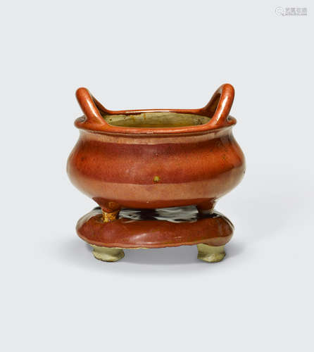 A red glazed earthenware censer and base   Late Qing/Republic period