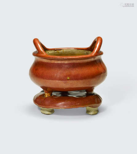 A red glazed earthenware censer and base   Late Qing/Republic period