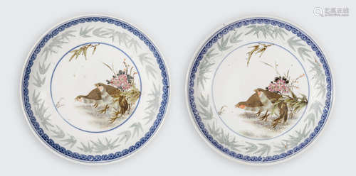 A pair of polychrome enamel and underglaze blue stem dishes, tazza   Republic period