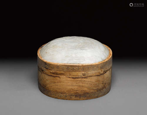 A wood box and cover mounted with a jade plaque  Late Qing/ Republic period