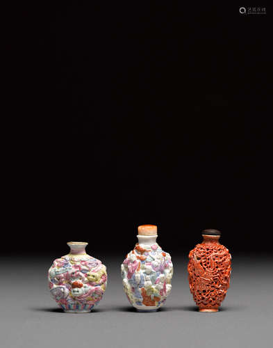 Three molded and enameled porcelain snuff bottles   Late 18th/early 19th century