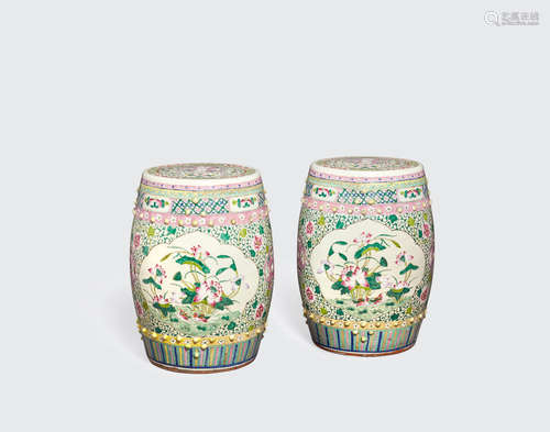 A pair of famille rose enameled garden seats  Late Qing/Republic period