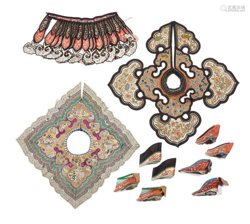 A group of three embroidered collar bands and four pairs of woman's shoes  Late Qing dyansty