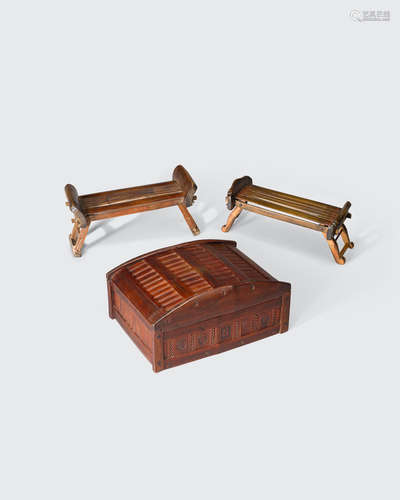 A group of three pieced bamboo household accessories