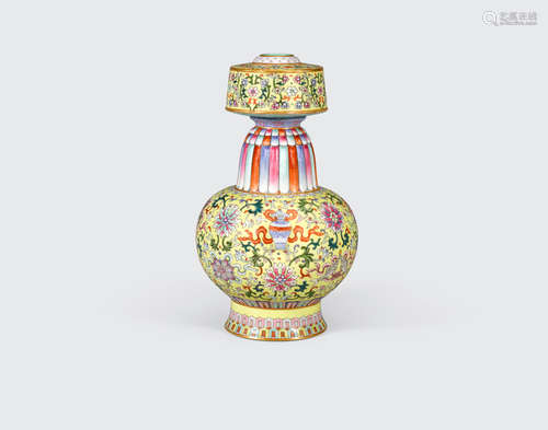 A famille rose enameled Tibetan style vase, Penba hu  Qianlong mark