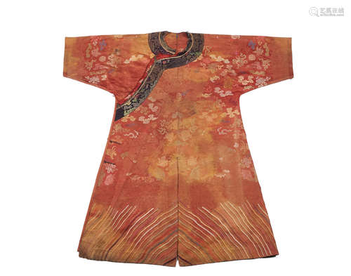 A woman's embroidered silk robe and a brown-ground brocade dragon robe  Woman's robe: late Qing/Republic period