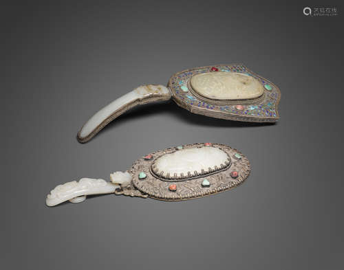 Two jade-mounted metal hand mirrors  Late Qing/Republic period