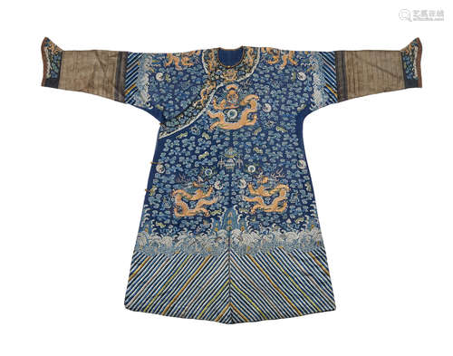 An embroidered blue-ground silk gauze summer dragon robe  19th century