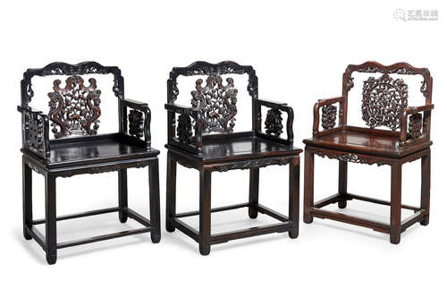 A group of three hongmu arm chairs  Republic Period