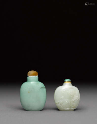 A white jade snuff bottle and a green hardstone snuff bottle