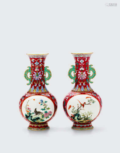 A PAIR OF FAMILLE ROSE 'BIRD AND FLOWER' VASES   Qianlong mark, Republic period