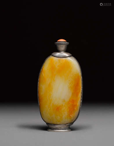 A silver and jade snuff bottle  Mongolia, 19th century