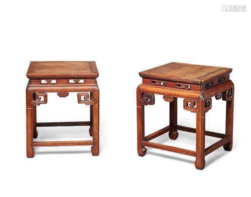 A pair of huanghuali and mixed wood stools  Late Qing/Republic Period