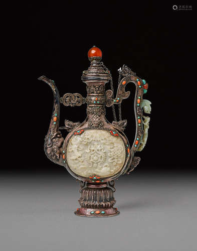 A MONGOLIAN-STYLE JADE AND HARDSTONE-INLAID SILVER EWER AND COVER  20th century