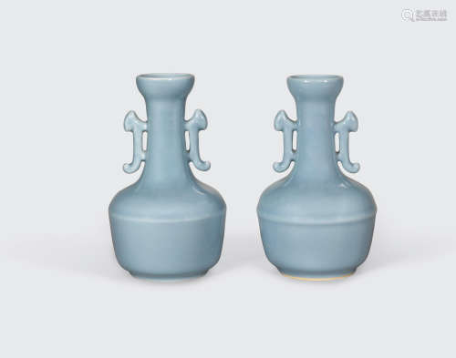 A pair of small clair-de-lune glazed vases  Yongzheng marks, late Qing/Republic period