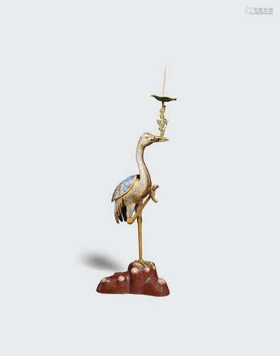 A CLOISONNÉ ENAMELED METAL CRANE CANDLESTAND    20th century