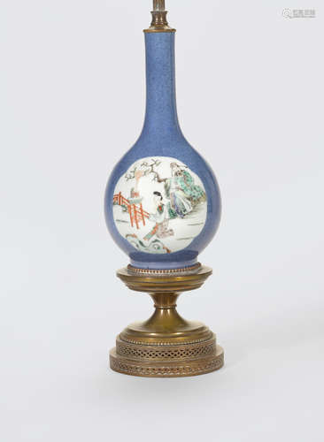 A powder blue and famille verte glazed stick neck vase   Kangxi