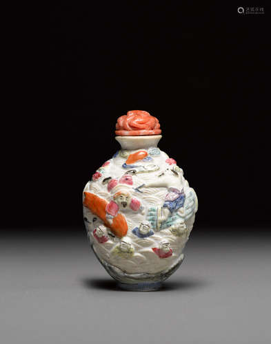 A molded and enameled porcelain snuff bottle   Qianlong mark, 19th century