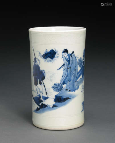 A blue and white porcelain brush pot