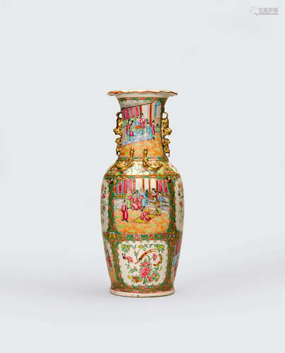 A Canton Rose Medallion Vase with applied decoration  19th century