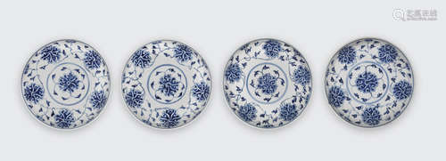 A group of four blue and white lotus dishes  Guangxu marks, Republic period