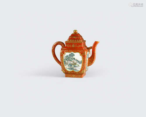 A coral-red and gilt polychrome enameled teapot   Qianlong mark