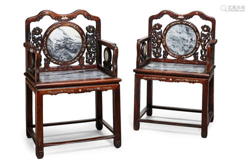 A pair of marble inset hongmu arm chairs  Late Qing/Republic Period