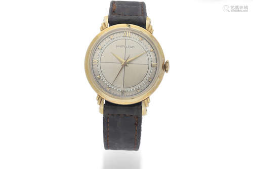 Hamilton. A 14K Yellow Gold Wristwatch with Two-Tone Sectored Dial and Fancy Lugs