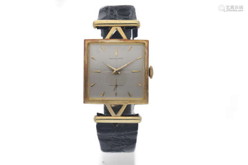 Hamilton. A 14K Yellow Gold Square Wristwatch with Unusual Lugs