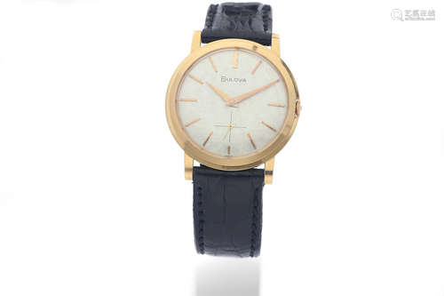 Bulova. A Pink Gold Wristwatch with Textured Dial