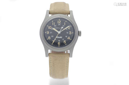 Hamilton. A Stainless Steel Military Style Wristwatch with 24-Hour Indication and Black Dial