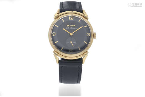 Bulova. A 14K Yellow Gold Wristwatch with Fancy Lugs and Black Dial