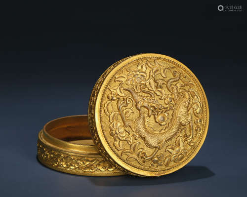 清 铜鎏金錾花龙纹香盒