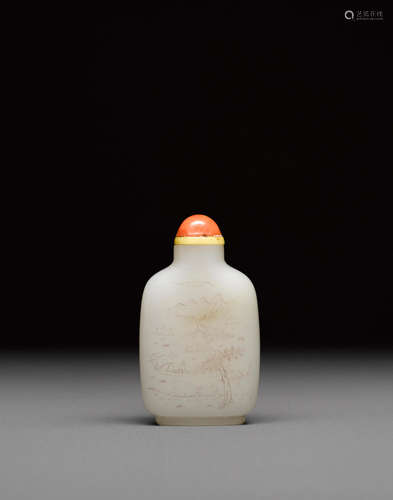 18th/19th century A white jade snuff bottle with diamond-point engraved decoration