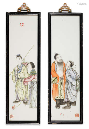 Deng Bizhao, mid-20th century A pair of polychrome enameled plaques depicting four of the Eight Immortals