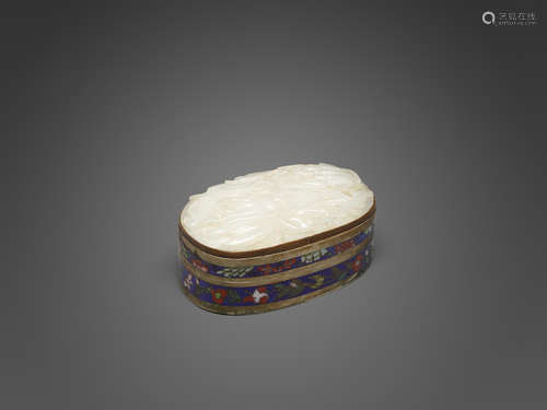 The jade plaque: Qing dynasty, the box: Republic period A white jade plaque mounted to a cloisonné enameled box