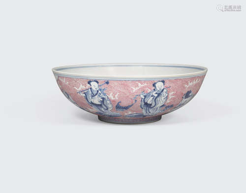 Tongzhi six-character mark and of the period An underglaze blue and puce-enameled 'Eight Immortals' bowl